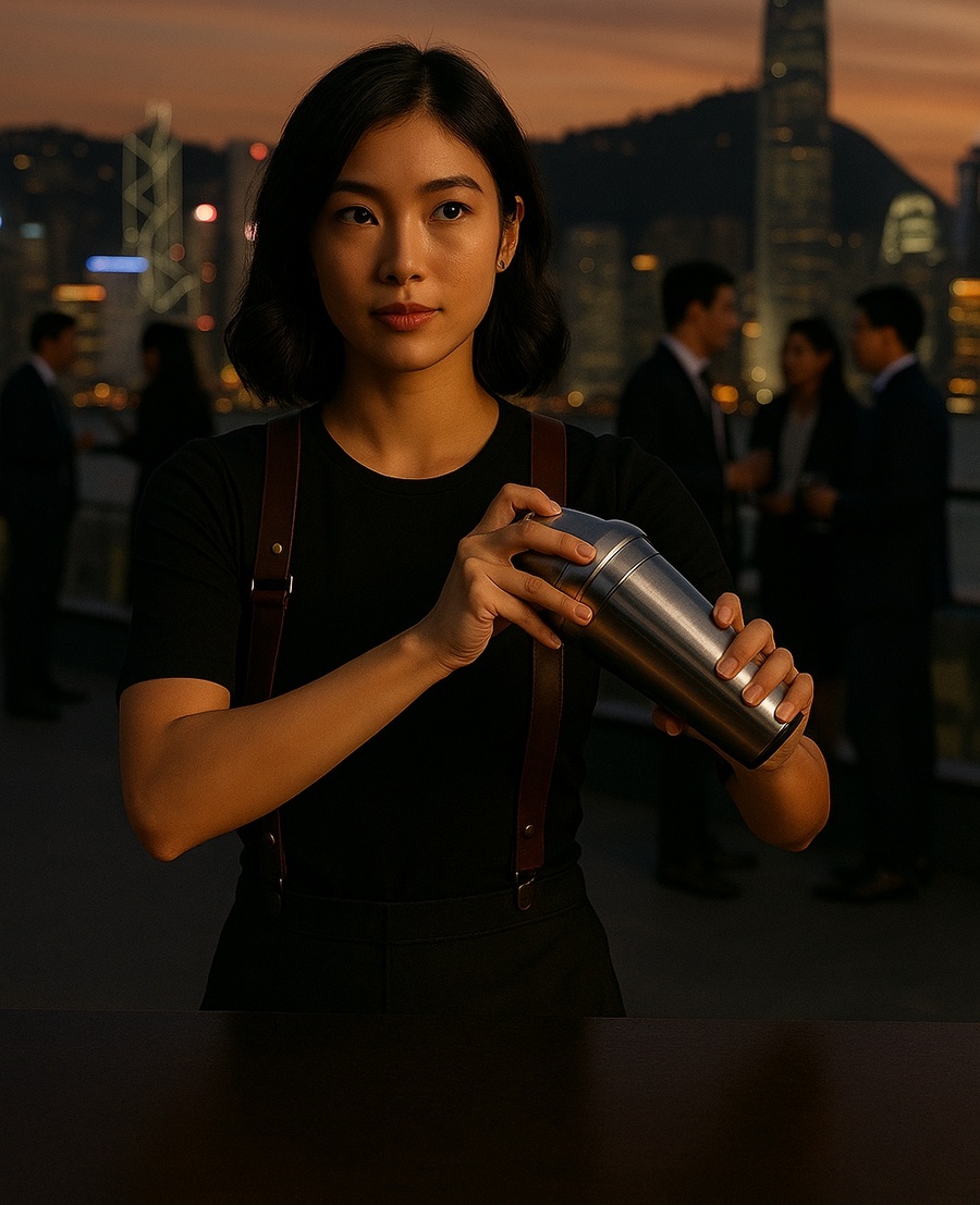 Bartender preparing drinks on a rooftop event in Hong Kong