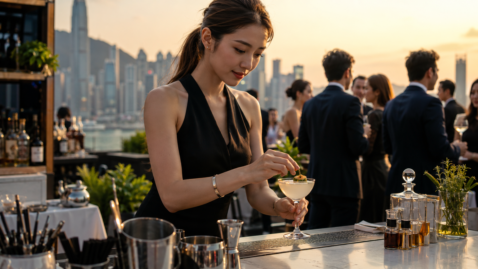Elegant Hong Kong corporate cocktail event with professional bartenders