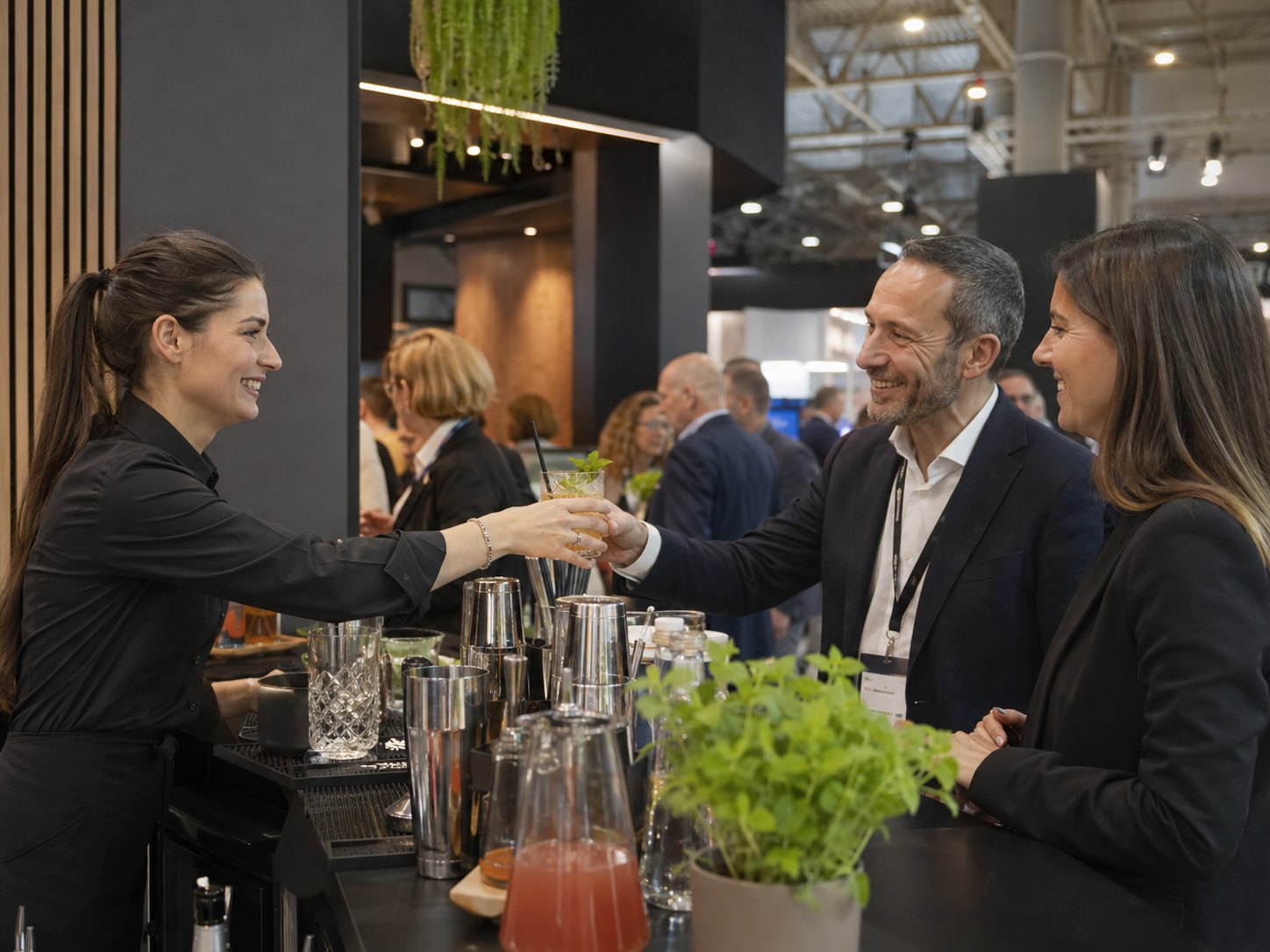 Bartenders serving drinks at a trade show stand