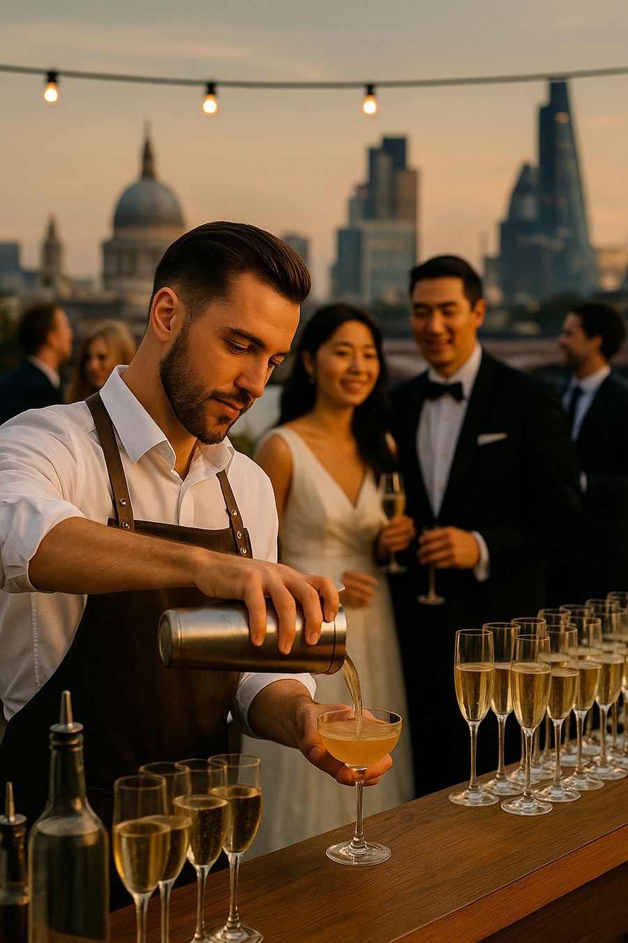 Bartendly bartender at a London rooftop party, bespoke cocktail with city view and elegant guests